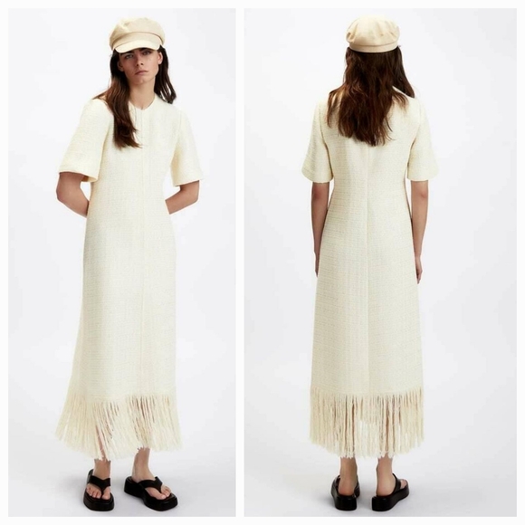 ZARA Ivory Tweed Textured Fringe‎ Trim Maxi Dress Size Small - Picture 4 of 16